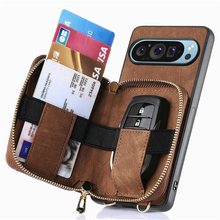 For Google Pixel 9 / Pixel 9 Pro Case Zipper Card Holder PU Leather Phone Back Cover with Long Strap - Brown