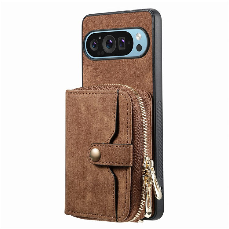 For Google Pixel 9 / Pixel 9 Pro Case Zipper Card Holder PU Leather Phone Back Cover with Long Strap - Brown