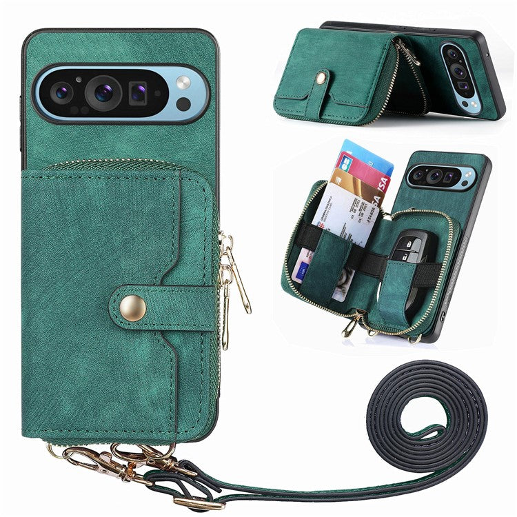 For Google Pixel 9 / Pixel 9 Pro Case Zipper Card Holder PU Leather Phone Back Cover with Long Strap - Green