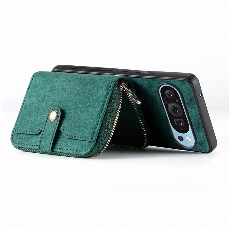 For Google Pixel 9 / Pixel 9 Pro Case Zipper Card Holder PU Leather Phone Back Cover with Long Strap - Green