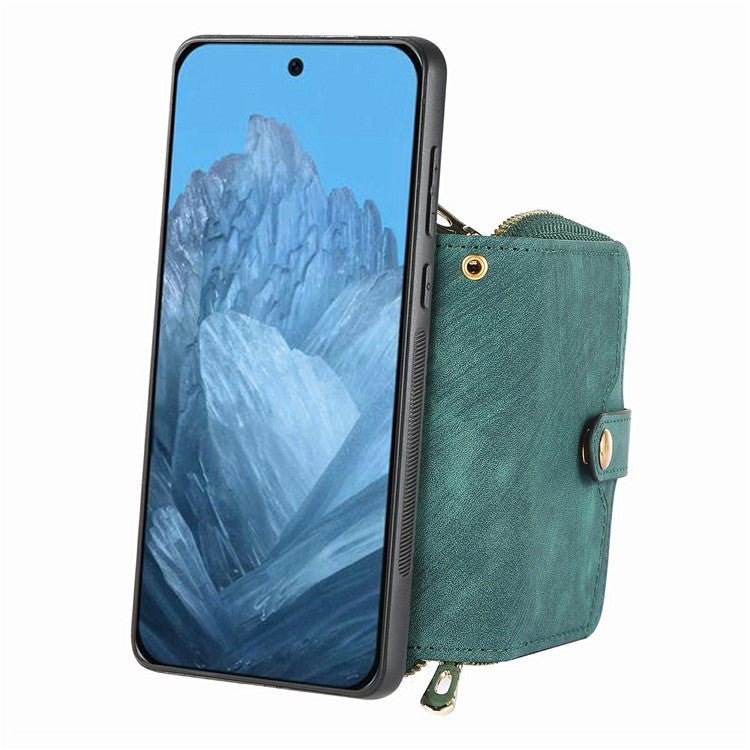 For Google Pixel 9 / Pixel 9 Pro Case Zipper Card Holder PU Leather Phone Back Cover with Long Strap - Green