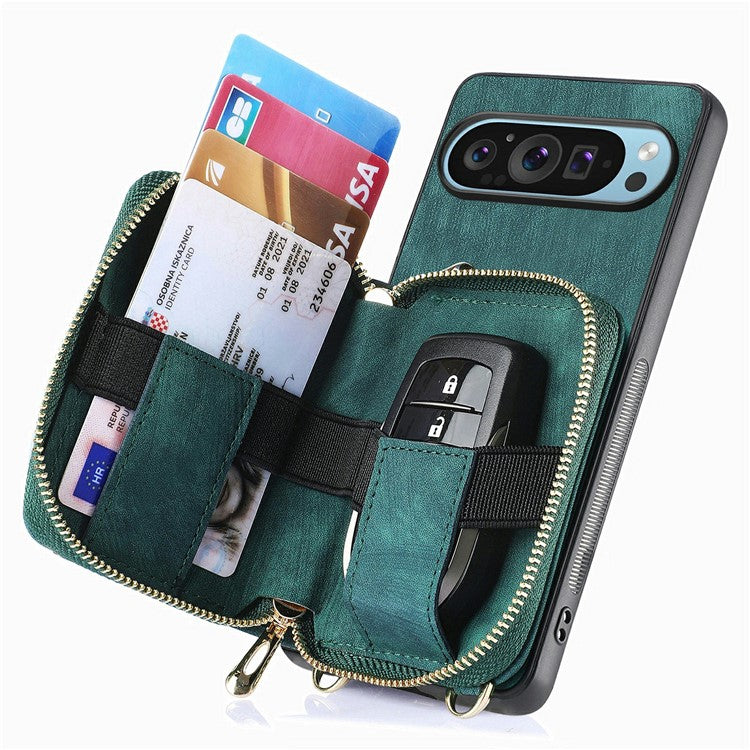 For Google Pixel 9 / Pixel 9 Pro Case Zipper Card Holder PU Leather Phone Back Cover with Long Strap - Green