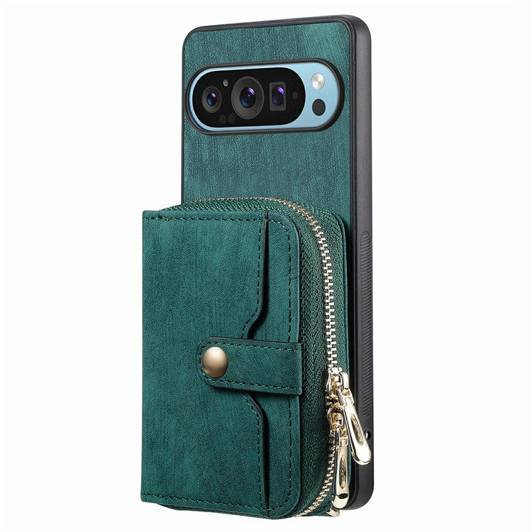 For Google Pixel 9 / Pixel 9 Pro Case Zipper Card Holder PU Leather Phone Back Cover with Long Strap - Green