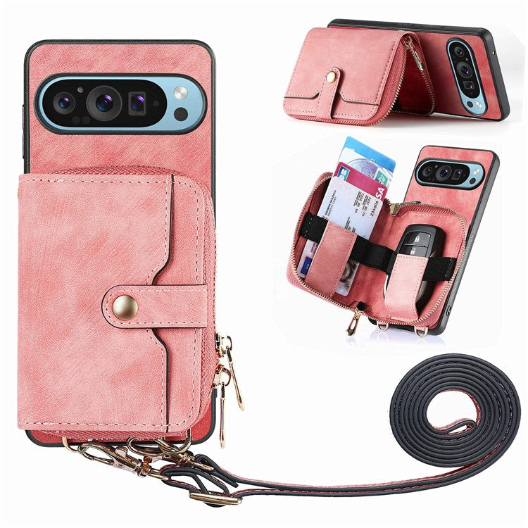 For Google Pixel 9 / Pixel 9 Pro Case Zipper Card Holder PU Leather Phone Back Cover with Long Strap - Pink