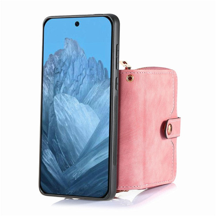 For Google Pixel 9 / Pixel 9 Pro Case Zipper Card Holder PU Leather Phone Back Cover with Long Strap - Pink