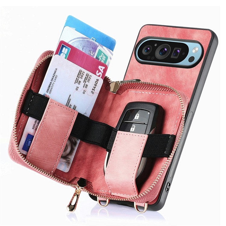 For Google Pixel 9 / Pixel 9 Pro Case Zipper Card Holder PU Leather Phone Back Cover with Long Strap - Pink