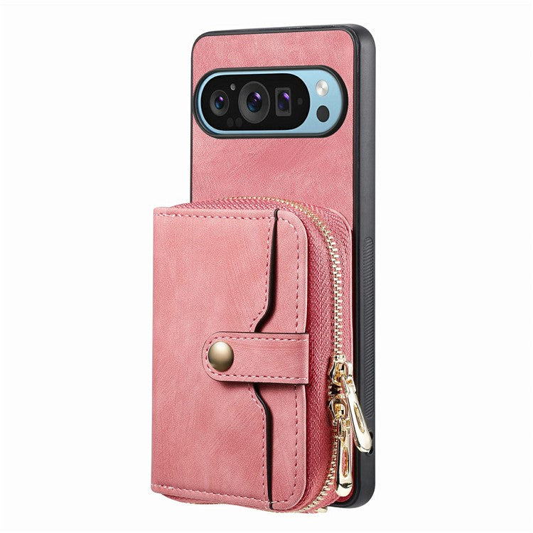 For Google Pixel 9 / Pixel 9 Pro Case Zipper Card Holder PU Leather Phone Back Cover with Long Strap - Pink