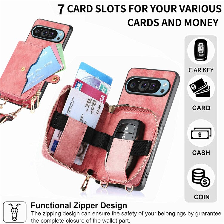 For Google Pixel 9 / Pixel 9 Pro Case Zipper Card Holder PU Leather Phone Back Cover with Long Strap - Pink