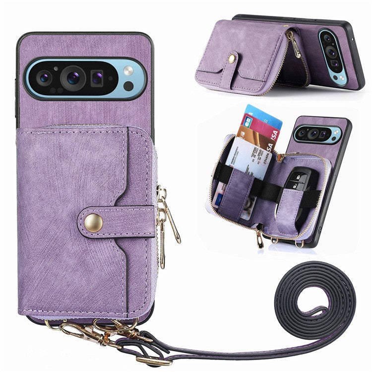 For Google Pixel 9 / Pixel 9 Pro Case Zipper Card Holder PU Leather Phone Back Cover with Long Strap - Purple