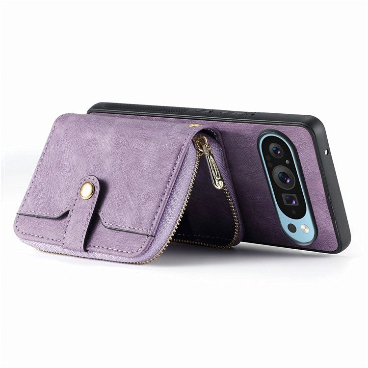 For Google Pixel 9 / Pixel 9 Pro Case Zipper Card Holder PU Leather Phone Back Cover with Long Strap - Purple