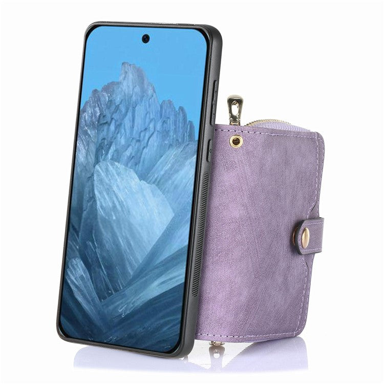 For Google Pixel 9 / Pixel 9 Pro Case Zipper Card Holder PU Leather Phone Back Cover with Long Strap - Purple