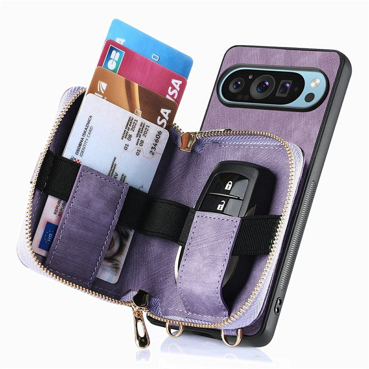 For Google Pixel 9 / Pixel 9 Pro Case Zipper Card Holder PU Leather Phone Back Cover with Long Strap - Purple