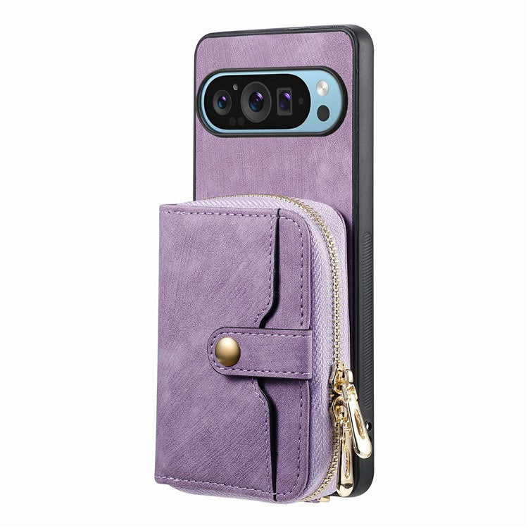 For Google Pixel 9 / Pixel 9 Pro Case Zipper Card Holder PU Leather Phone Back Cover with Long Strap - Purple