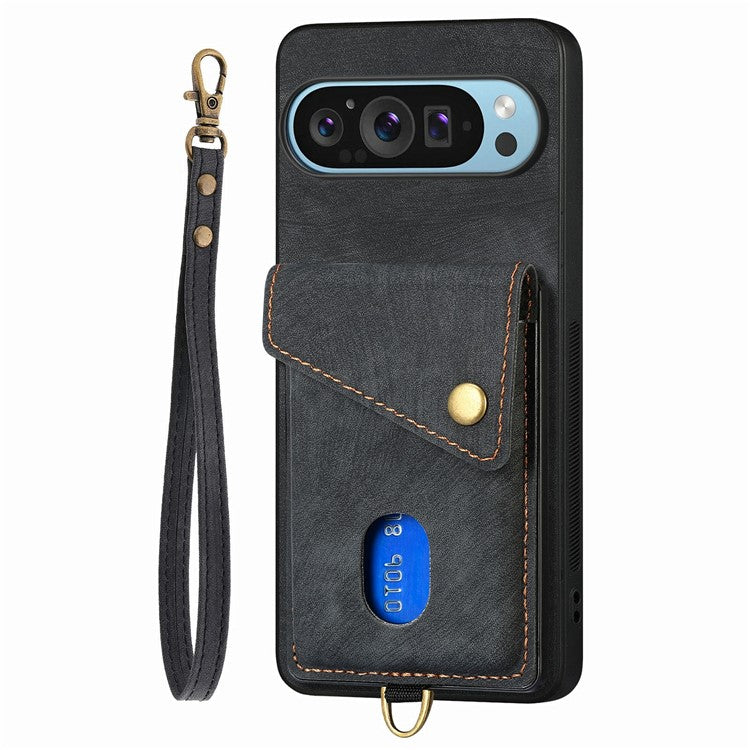 For Google Pixel 9 / Pixel 9 Pro Case with Card Slot Kickstand Leather TPU Phone Cover - Black