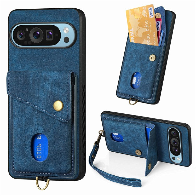 For Google Pixel 9 / Pixel 9 Pro Case with Card Slot Kickstand Leather TPU Phone Cover - Blue