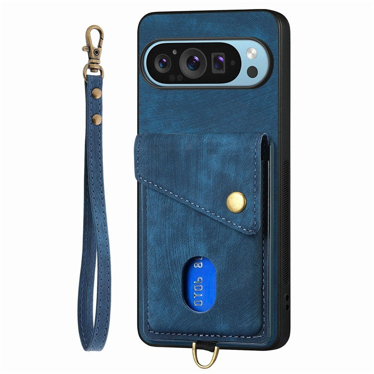 For Google Pixel 9 / Pixel 9 Pro Case with Card Slot Kickstand Leather TPU Phone Cover - Blue