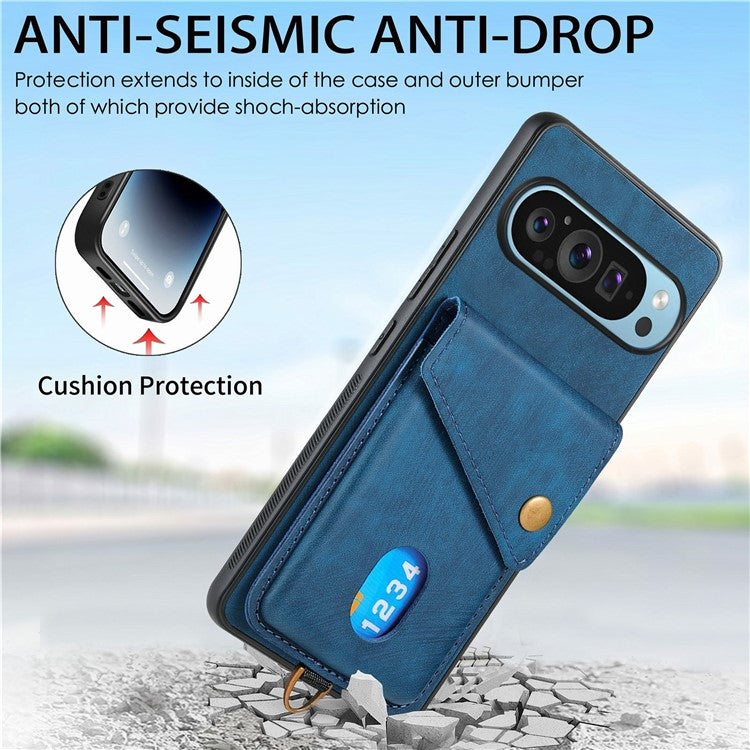 For Google Pixel 9 / Pixel 9 Pro Case with Card Slot Kickstand Leather TPU Phone Cover - Blue