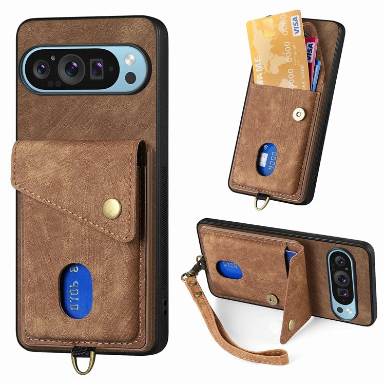 For Google Pixel 9 / Pixel 9 Pro Case with Card Slot Kickstand Leather TPU Phone Cover - Brown