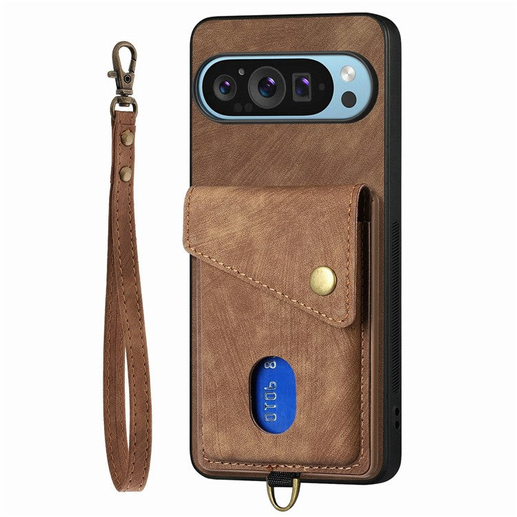 For Google Pixel 9 / Pixel 9 Pro Case with Card Slot Kickstand Leather TPU Phone Cover - Brown