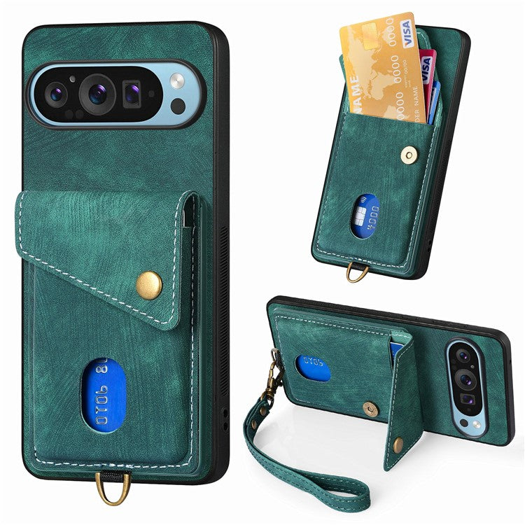 For Google Pixel 9 / Pixel 9 Pro Case with Card Slot Kickstand Leather TPU Phone Cover - Green