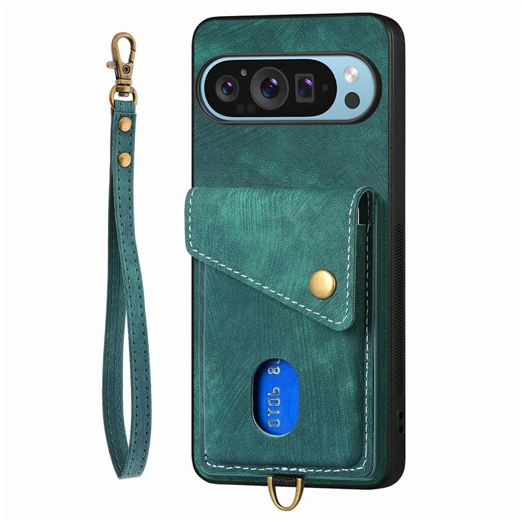 For Google Pixel 9 / Pixel 9 Pro Case with Card Slot Kickstand Leather TPU Phone Cover - Green