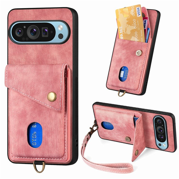 For Google Pixel 9 / Pixel 9 Pro Case with Card Slot Kickstand Leather TPU Phone Cover - Pink