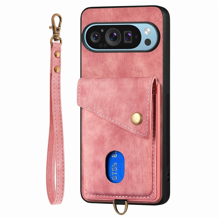 For Google Pixel 9 / Pixel 9 Pro Case with Card Slot Kickstand Leather TPU Phone Cover - Pink