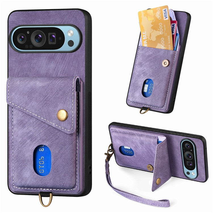 For Google Pixel 9 / Pixel 9 Pro Case with Card Slot Kickstand Leather TPU Phone Cover - Purple