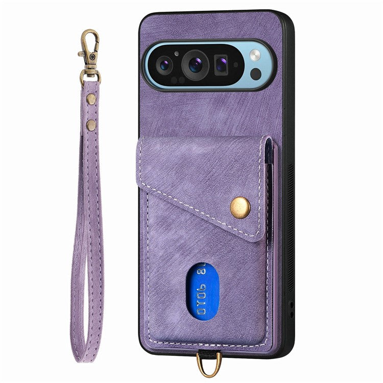 For Google Pixel 9 / Pixel 9 Pro Case with Card Slot Kickstand Leather TPU Phone Cover - Purple