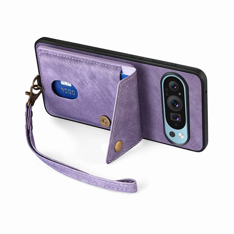 For Google Pixel 9 / Pixel 9 Pro Case with Card Slot Kickstand Leather TPU Phone Cover - Purple