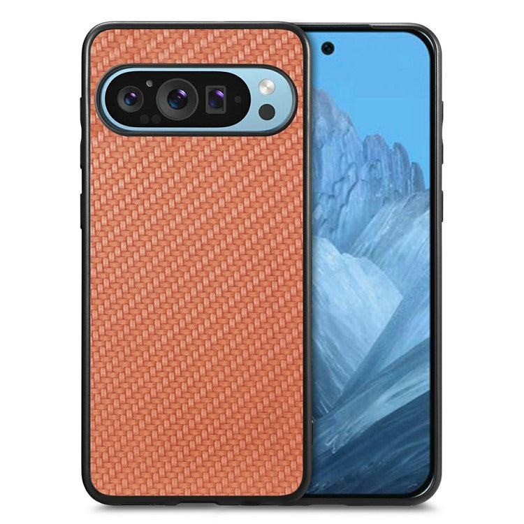 For Google Pixel 9 Pro XL Case Carbon Fiber Texture PU+PC+TPU Phone Cover - Brown