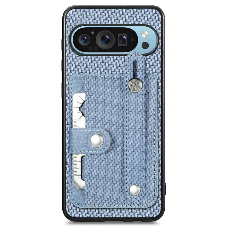 For Google Pixel 9 Pro XL Case Wristband Anti-Drop Leather Back Cover Card Holder - Blue