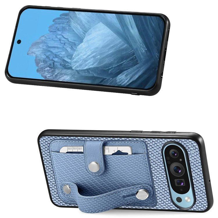 For Google Pixel 9 Pro XL Case Wristband Anti-Drop Leather Back Cover Card Holder - Blue