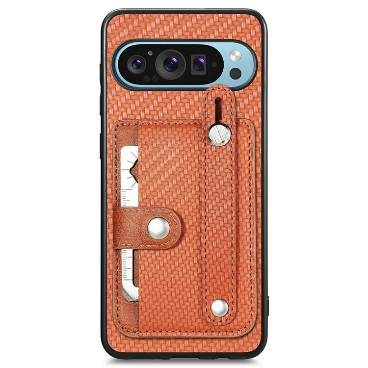 For Google Pixel 9 Pro XL Case Wristband Anti-Drop Leather Back Cover Card Holder - Brown