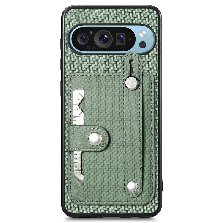 For Google Pixel 9 Pro XL Case Wristband Anti-Drop Leather Back Cover Card Holder - Green