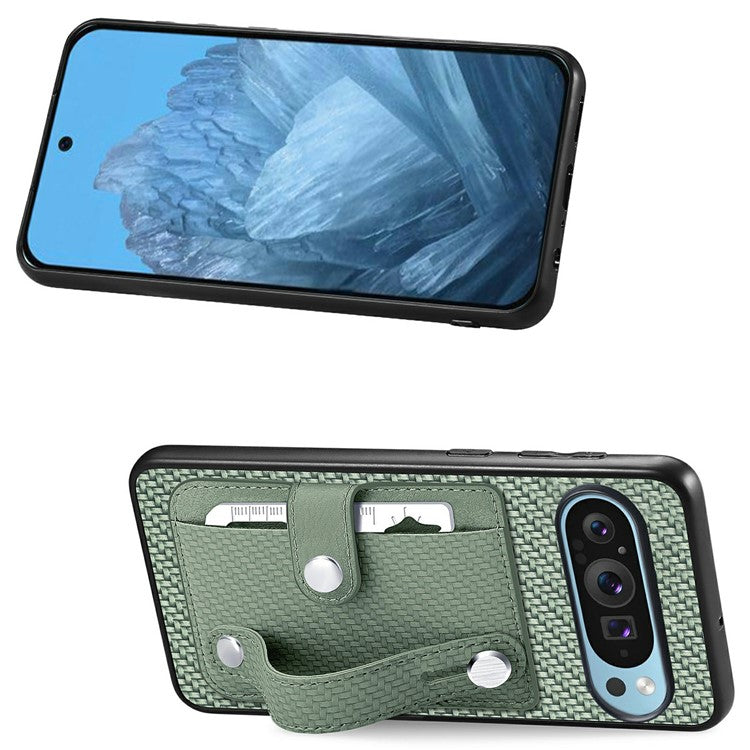 For Google Pixel 9 Pro XL Case Wristband Anti-Drop Leather Back Cover Card Holder - Green