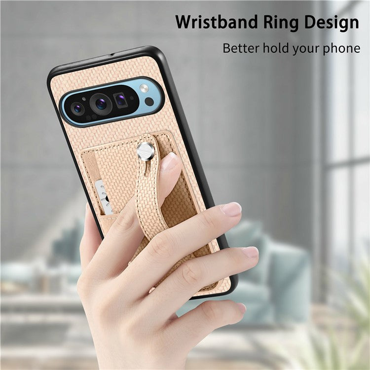 For Google Pixel 9 Pro XL Case Wristband Anti-Drop Leather Back Cover Card Holder - Khaki