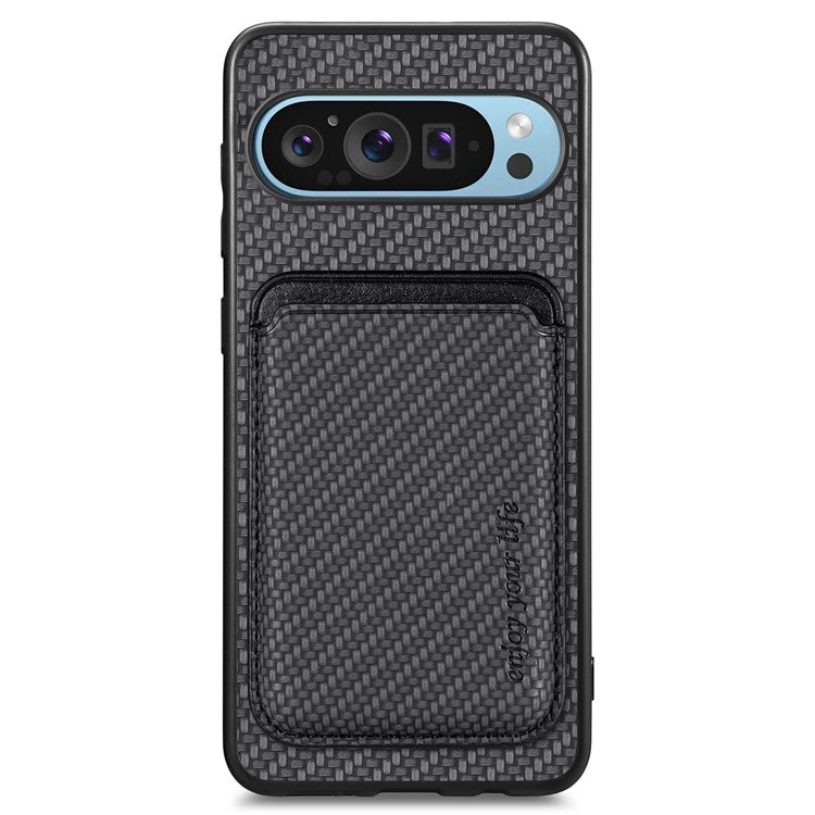 For Google Pixel 9 Pro XL Case Carbon Fiber Leather Back Cover with Detachable Card Bag - Black