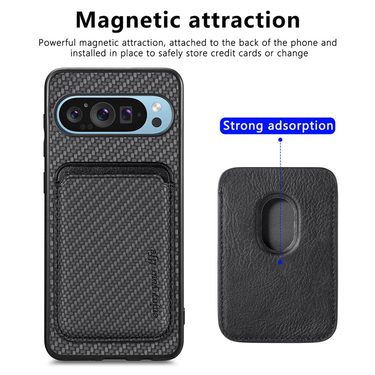 For Google Pixel 9 Pro XL Case Carbon Fiber Leather Back Cover with Detachable Card Bag - Black