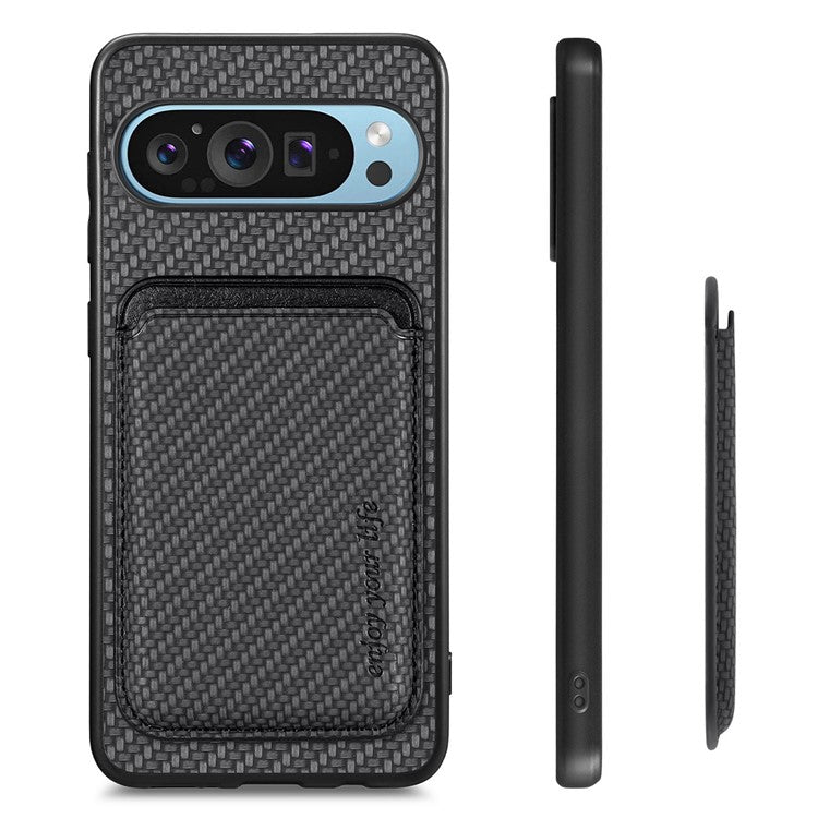 For Google Pixel 9 Pro XL Case Carbon Fiber Leather Back Cover with Detachable Card Bag - Black