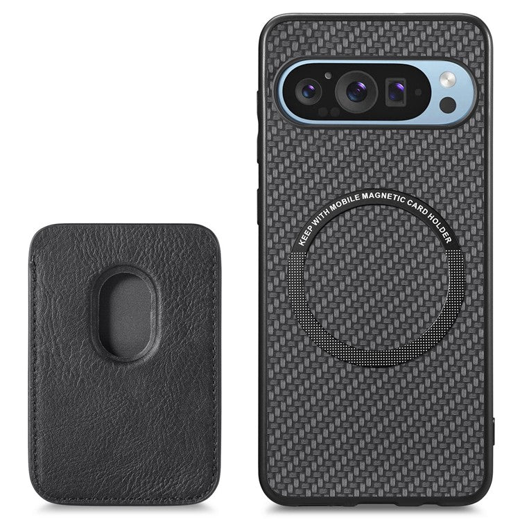 For Google Pixel 9 Pro XL Case Carbon Fiber Leather Back Cover with Detachable Card Bag - Black