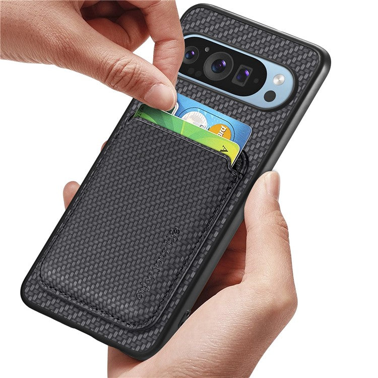 For Google Pixel 9 Pro XL Case Carbon Fiber Leather Back Cover with Detachable Card Bag - Black