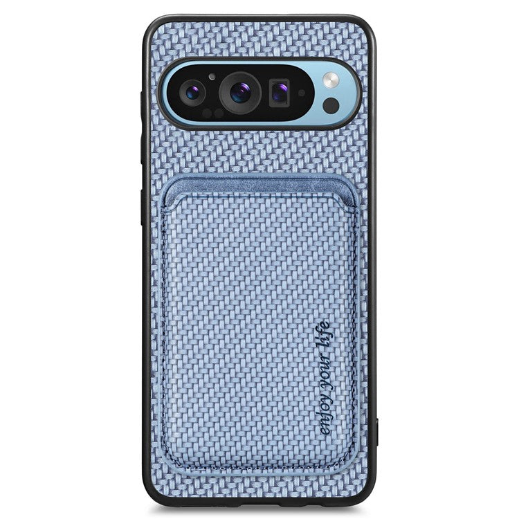 For Google Pixel 9 Pro XL Case Carbon Fiber Leather Back Cover with Detachable Card Bag - Blue