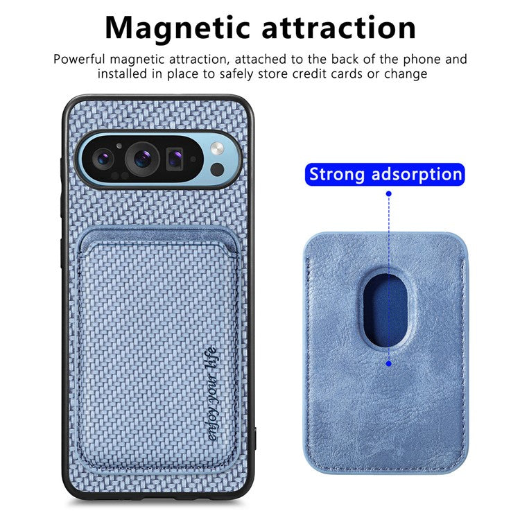 For Google Pixel 9 Pro XL Case Carbon Fiber Leather Back Cover with Detachable Card Bag - Blue