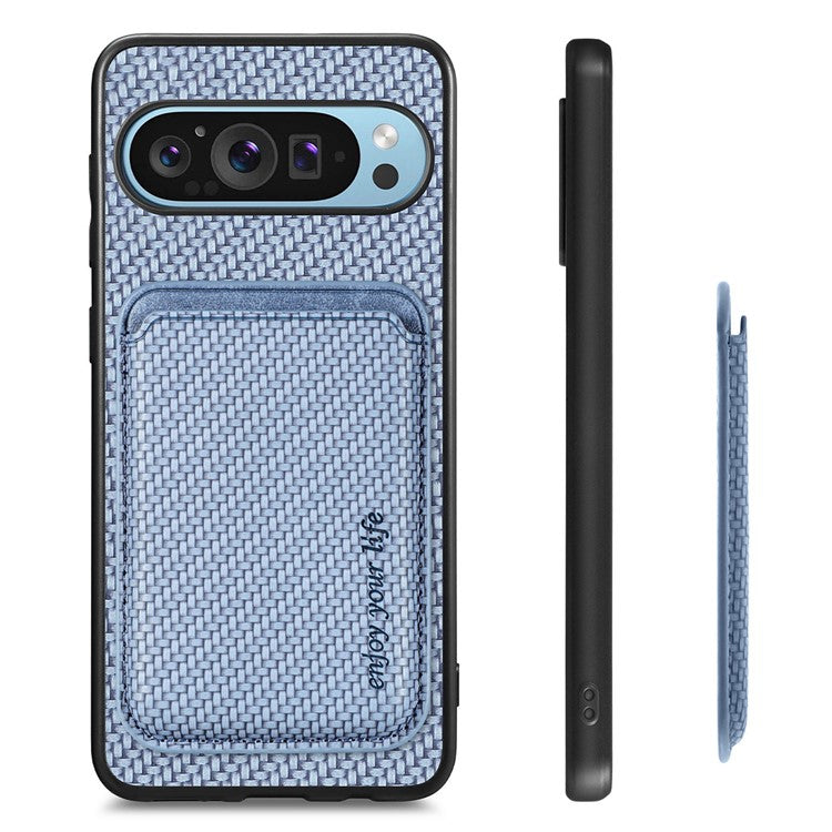 For Google Pixel 9 Pro XL Case Carbon Fiber Leather Back Cover with Detachable Card Bag - Blue