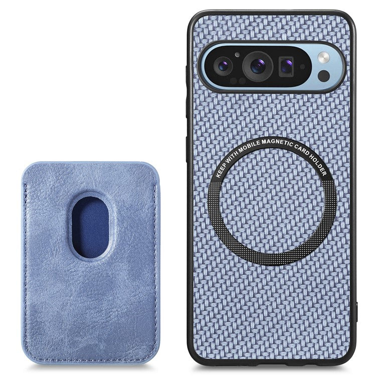 For Google Pixel 9 Pro XL Case Carbon Fiber Leather Back Cover with Detachable Card Bag - Blue