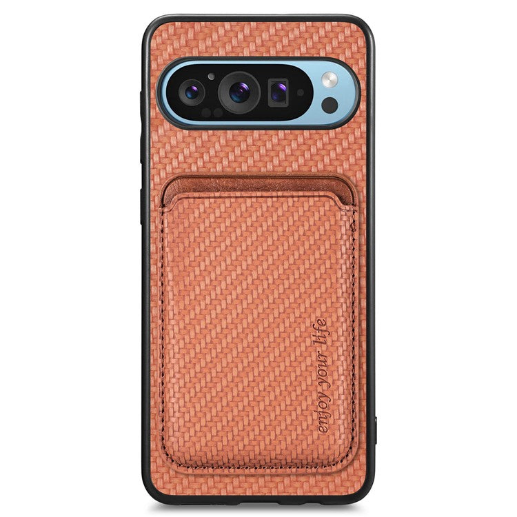 For Google Pixel 9 Pro XL Case Carbon Fiber Leather Back Cover with Detachable Card Bag - Brown