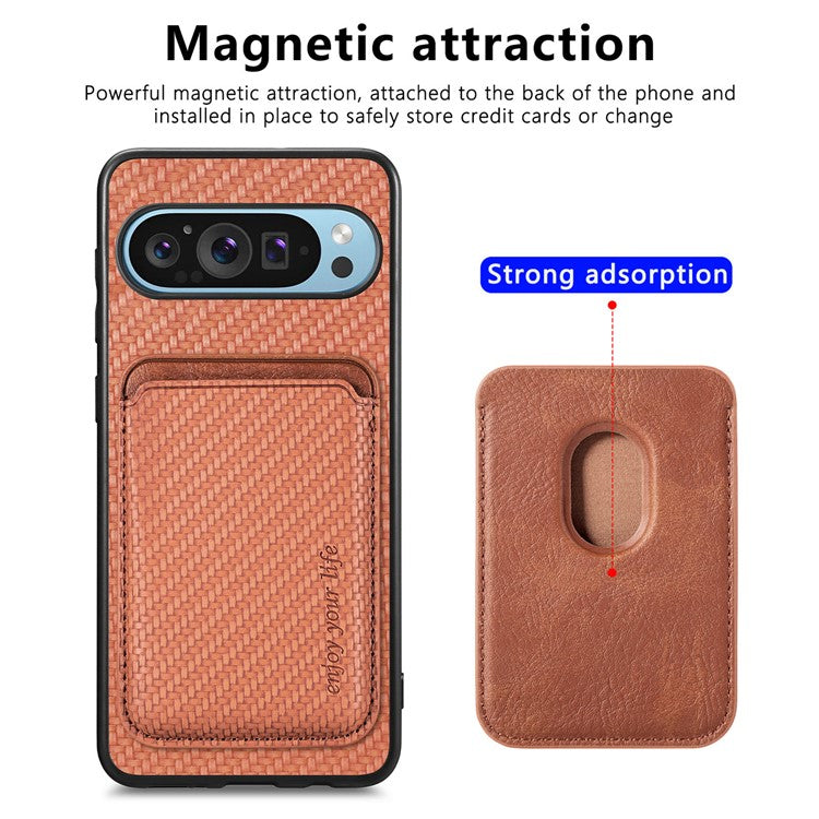 For Google Pixel 9 Pro XL Case Carbon Fiber Leather Back Cover with Detachable Card Bag - Brown