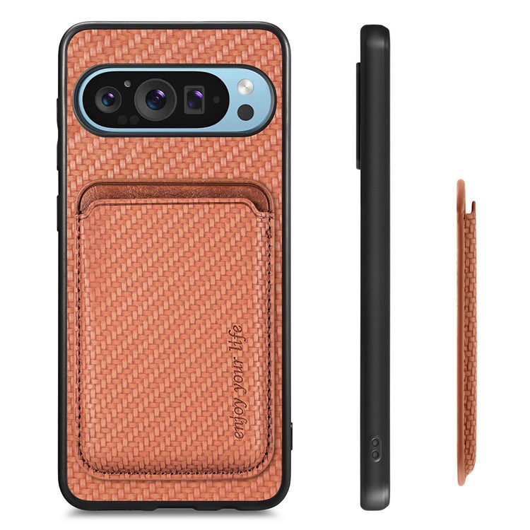 For Google Pixel 9 Pro XL Case Carbon Fiber Leather Back Cover with Detachable Card Bag - Brown