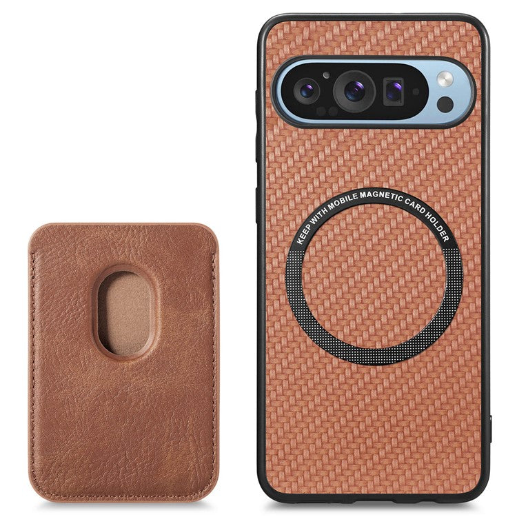 For Google Pixel 9 Pro XL Case Carbon Fiber Leather Back Cover with Detachable Card Bag - Brown